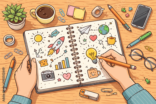 Planning and creativity with journal and doodles on wooden desk