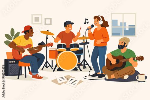 Diverse young musicians jamming: mixed group playing instruments and singing in cozy room
