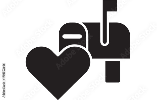 Heart and mailbox icon with love letter and raised flag, black silhouette pictogram isolated on white background for romance message, Valentine greeting and email concept