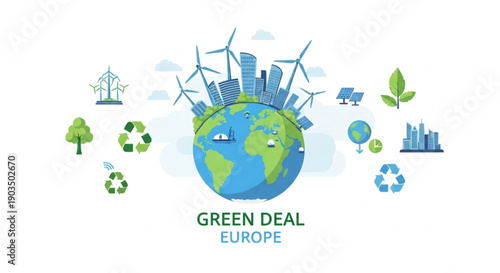 European Green Deal sustainability vector showing eco city, renewable energy, recycling symbols and environmental protection concept