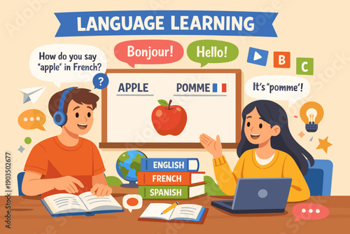 Language learning lesson with caucasian male teen and hispanic female young teacher in classroom setting