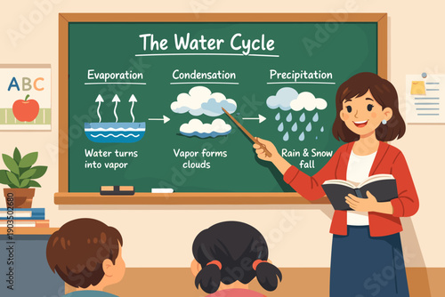 Female teacher explaining water cycle to children in classroom with chalkboard illustration