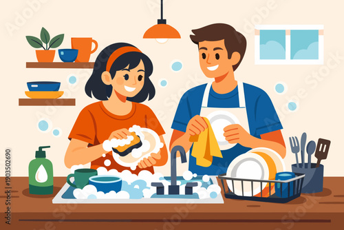 Happy couple washing dishes in kitchen together