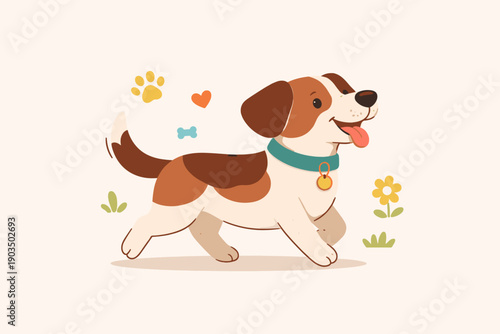 Playful beagle puppy with collar and icon graphics on a light background