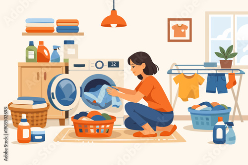 Young hispanic female doing laundry at home in a cozy room