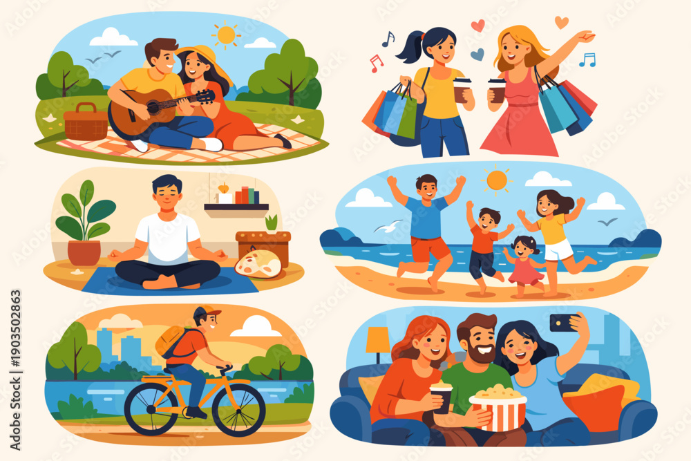 Fototapeta premium Joyful activities: diverse people enjoying shopping, music, sports, family, and relaxation
