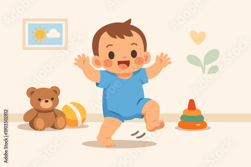 Happy young caucasian child playing in nursery room with toys and decorations