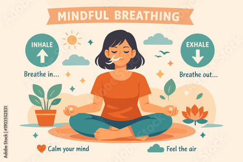 Asian female young adult practicing mindful breathing meditation outdoors