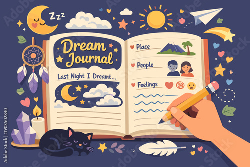 Dream journal with celestial and nature illustrations featuring handwriting