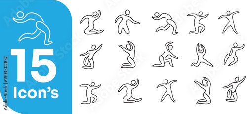 Set of 15 people icon's black and white outline vector illustration, a versatile collection of graphic elements depicting various human yoga and exercise poses