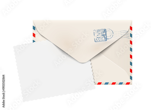 Vintage air mail envelope with postage seal,blue red stripes and blank card