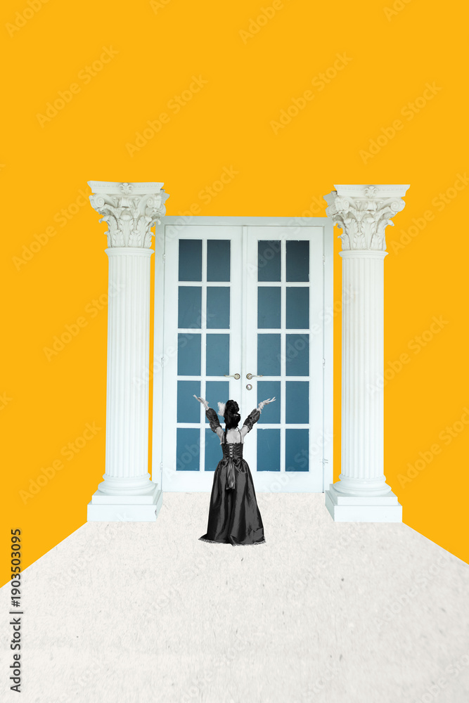 Naklejka premium Banner poster trendy collage photo of happy duchess girl stand palace door entrance baroque era historic period new settlement