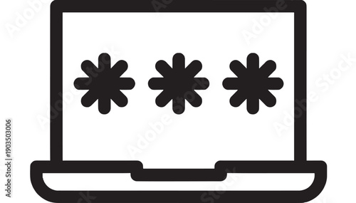 Laptop password icon with three asterisk symbols on screen, secure login concept in black and white outline style, minimal vector pictogram for privacy protection