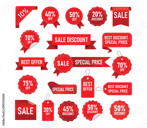 Collection of red retail discount stickers and special offer labels for online store and business marketing