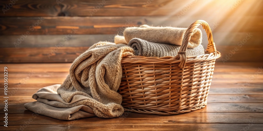 custom made wallpaper toronto digitalA wicker basket brimming with softly folded sweaters, resting on a rustic wooden surface, bathed in warm sunlight