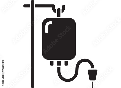 IV drip bag medical icon with hanging infusion container, tubing and needle, black glyph silhouette sign for hospital therapy, transfusion and healthcare UI