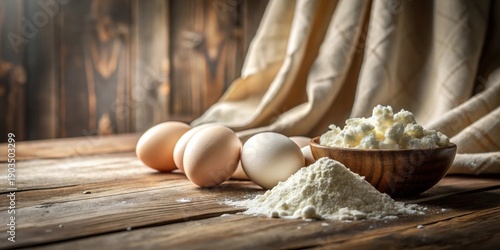 Wallpaper Mural Rustic Still Life Featuring Fresh Eggs, Creamy Curds, and a Mound of Flour on a Weathered Wooden Surface Torontodigital.ca
