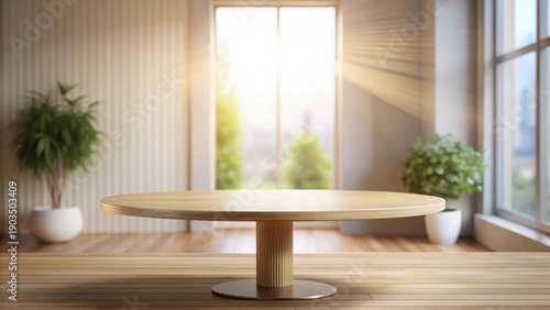 Wallpaper Mural Empty Round Wooden Table in Bright Room with Plants and Window View Torontodigital.ca