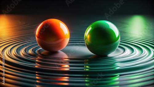 Wallpaper Mural Two vibrant spheres rest on a dark, reflective surface, creating concentric ripples; a study in contrasting colors and fluid dynamics. Torontodigital.ca