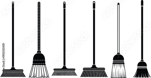 Broom and sweeping tools silhouette collection showing household cleaning equipment, ideal for home maintenance, hygiene, janitorial service, and minimal design concepts