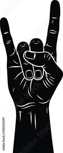 Rock Hand Gesture Icon with Raised Fingers in Black Silhouette Style Isolated on White Background for Music, Symbol, and Pop Culture Design
