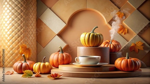 Wallpaper Mural Autumnal Still Life Featuring Pumpkins and a Warm Beverage on Geometric Display Torontodigital.ca