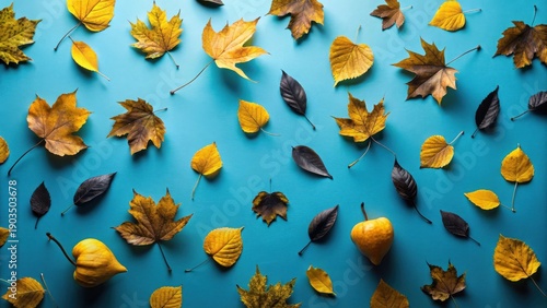 Wallpaper Mural Autumnal Leaf and Fruit Flat Lay Composition on a Teal Background Featuring a Diverse Array of Dried Foliage Torontodigital.ca