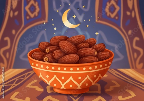 Wallpaper Mural A bowl of almonds under a crescent moon and stars on a patterned table and background Torontodigital.ca