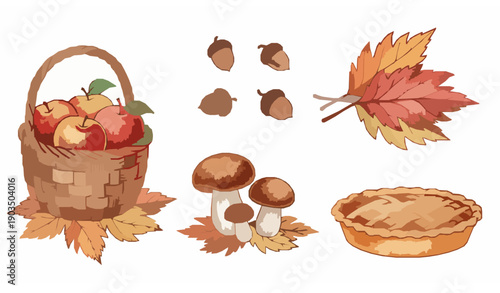 Cozy Thanksgiving Autumn Watercolor Vector Set with Harvest Basket Apples Mushrooms Acorns Leaves and Pie Arrangements