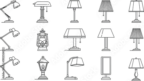 Set of minimalist table lamp and desk lamp icons in black and white, lighting fixtures illustration collection for interior design, decor, and furniture concepts