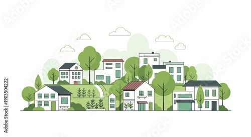 Charming suburban neighborhood with modern houses and lush greenery