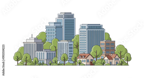 Modern Cityscape with Residential Homes and Green Trees, Urban Architecture Illustration