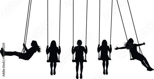 Silhouette of children swinging together on playground, expressing freedom, childhood joy, friendship, motion, balance, and playful outdoor activity in minimal black and white style