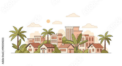 Tropical Cityscape Illustration: Houses, Palm Trees, and Modern Buildings