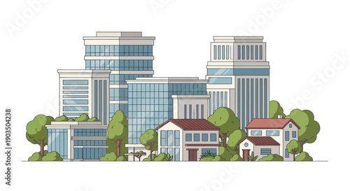 Modern Cityscape with Tall Buildings and Residential Houses, Green Trees, Flat Vector Illustration