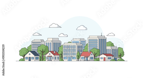 Modern Cityscape with Residential Homes and Green Trees, Flat Design Illustration