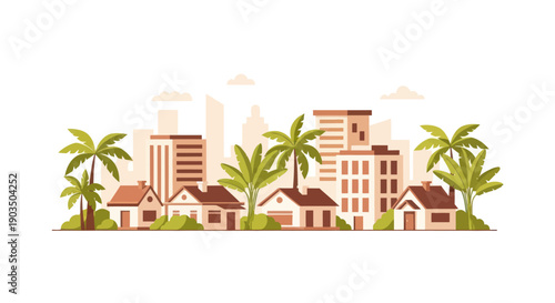 Flat illustration of a tropical cityscape with palm trees and residential buildings