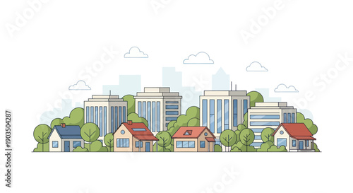 Modern Cityscape with Residential Houses and Office Buildings