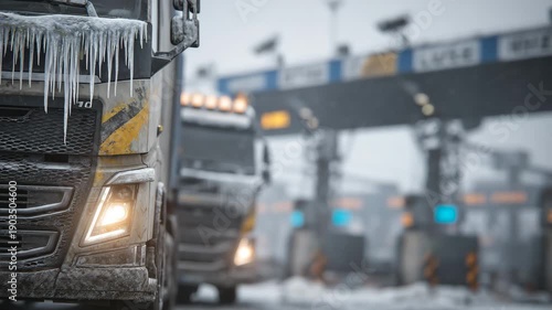 Close-up view of stationary cargo trucks waiting at a frozen border crossing, icicles hanging from side mirrors, road salt stains on painted steel, steam rising from engines, secur