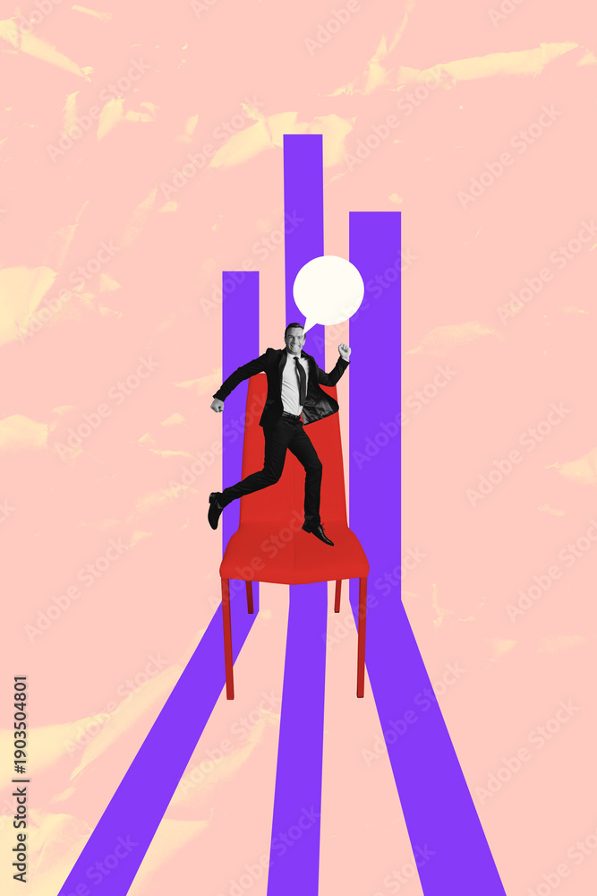 Naklejka premium Poster trend sketch template 3D photo collage of businessman smile talk speech cloud stand armchair goal trade stats target success
