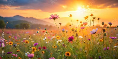 Wallpaper Mural Golden Hour Meadow Vibrant Wildflowers Basking in the Warm Glow of a Sunset Torontodigital.ca