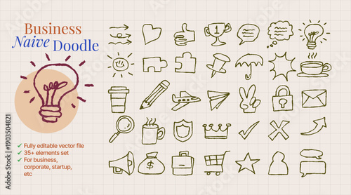 a set of Naive style Business Doodle. Scribble hand drawn vector illustration collection for startup or corporate graphic