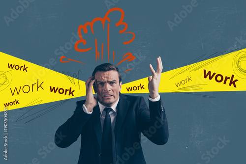 Art 3d trend banner pop collage of angry businessman stand explosion problem workaholic workload fail overwhelmed concept