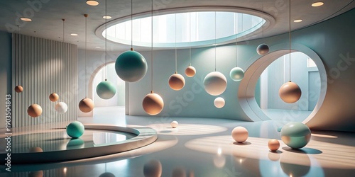 Wallpaper Mural Modern Minimalist Interior Design with Suspended Spherical Lights and Reflective Floor Torontodigital.ca