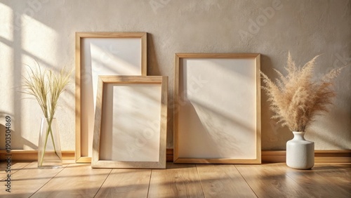 Wallpaper Mural Sunlit Interior Mockup Three Empty Wooden Frames, Dried Flowers in Vases on Light Wood Floor Torontodigital.ca
