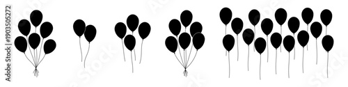 Grouped balloon silhouettes in festive arrangement. Simple black vector balloons for party and event design