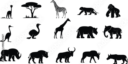 Black silhouette African wildlife illustration featuring giraffe, zebra, lion, elephant, rhinoceros, buffalo, antelope, gorilla, ostrich, acacia tree savanna nature design