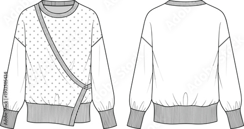 Technical fashion illustration of women’s long sleeve sweatshirt with wrap panel detail, ribbed cuffs and hem, polka dot fabric, flat views