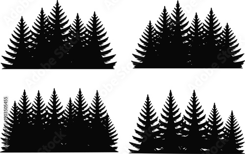 Black pine tree silhouettes in grid arrangement, forest nature vector illustration showing stylized evergreen trees with symmetrical triangular shapes design