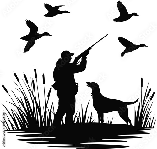 Black silhouette hunting scene illustration with hunter, shotgun, retriever dog, flying ducks, marsh grasses, cattails, wetland outdoor wildlife recreation design